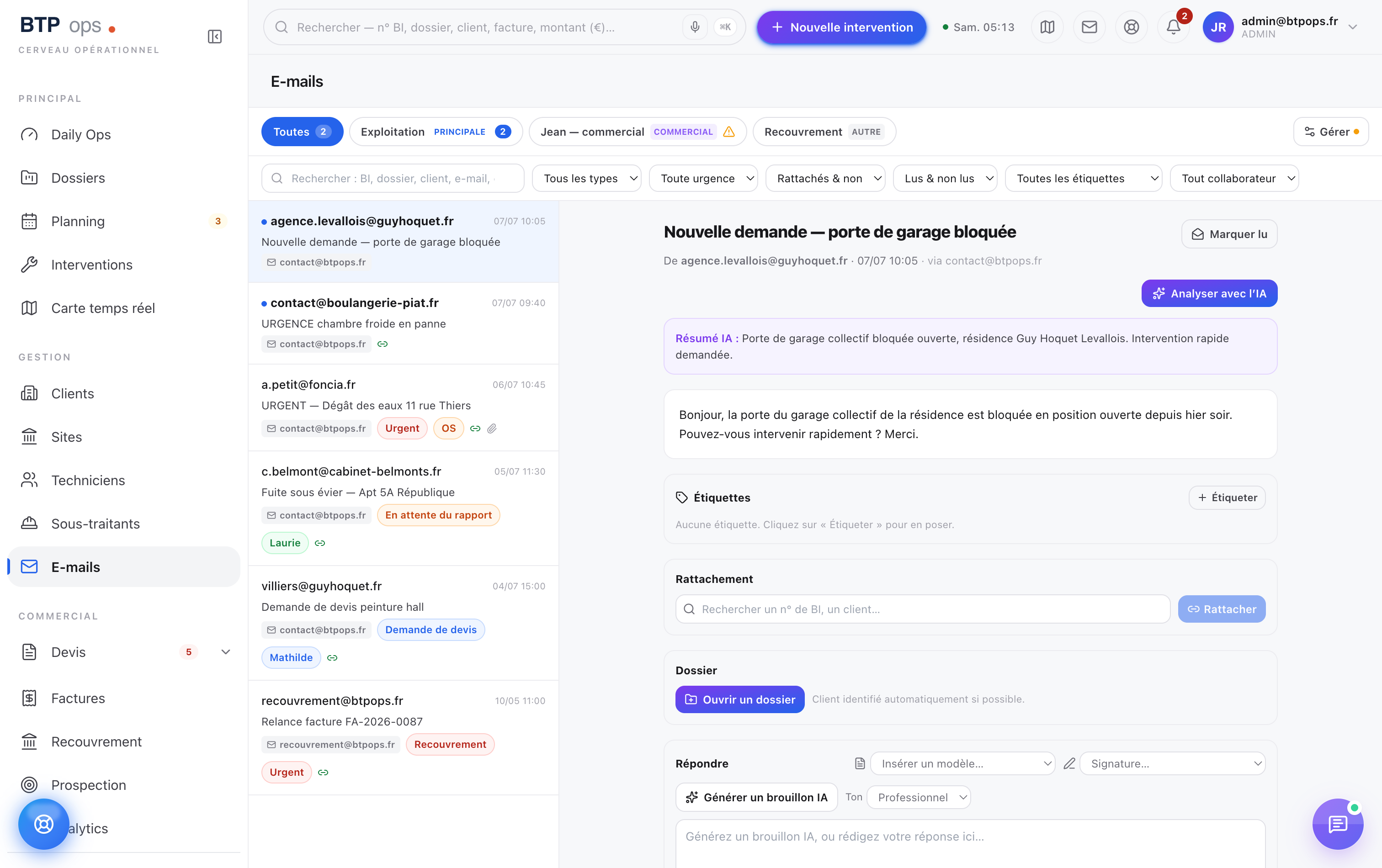 Messagerie connectée avec analyse IA et génération de brouillon