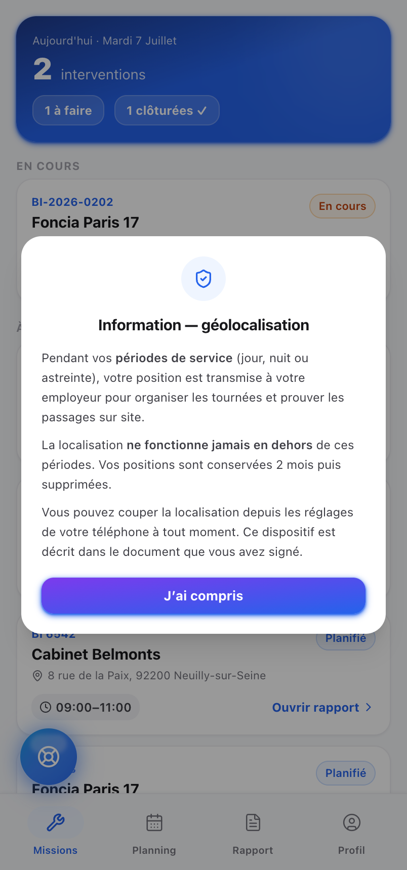 Application technicien mobile — missions du jour et consentement géolocalisation